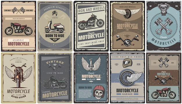 Free Vector | Vintage colored motorcycle posters set with classic motorbikes scooter moto parts