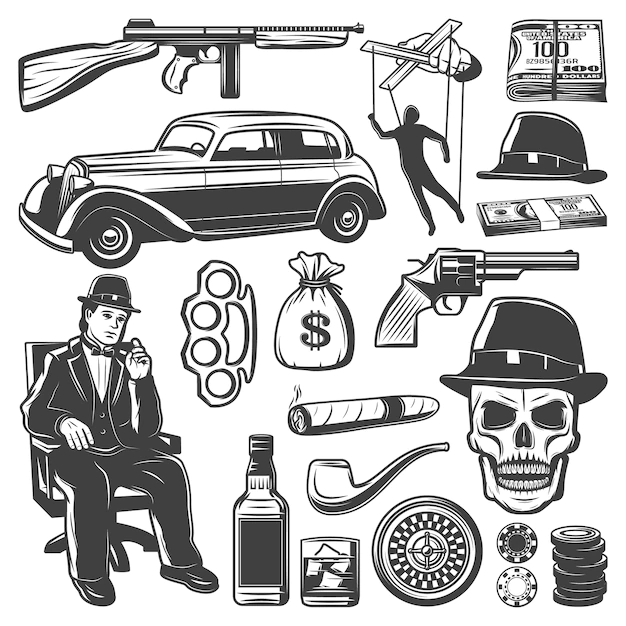 Free Vector | Vintage gangster elements collection with don weapon car money puppet whiskey smoking pipe cigar skull knuckle hat roulette chips isolated