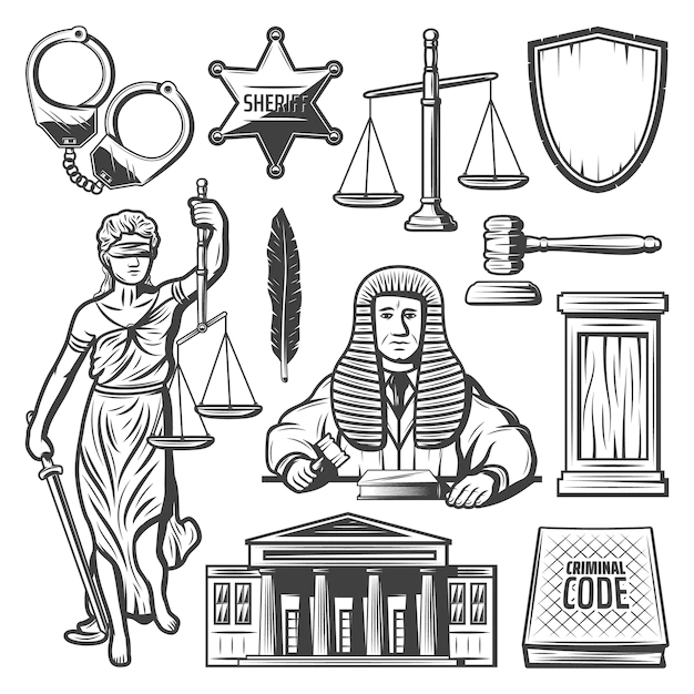 Free Vector | Vintage judicial system elements set with judge handcuffs police badge scales gavel feather law book themis statue courthouse isolated
