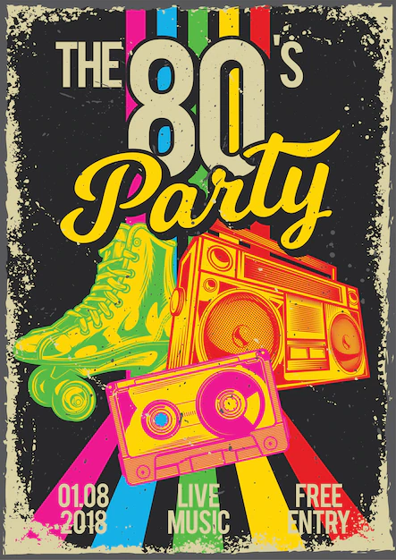 Free Vector | Vintage poster with illustration of roller-skaters, cassette and a radio