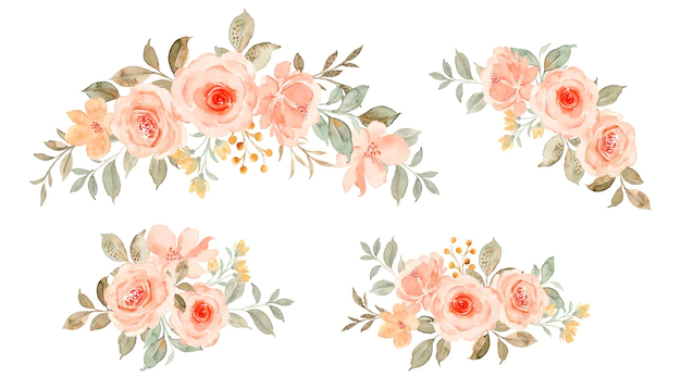 Free Vector | Watercolor peach rose flower bouquet collection