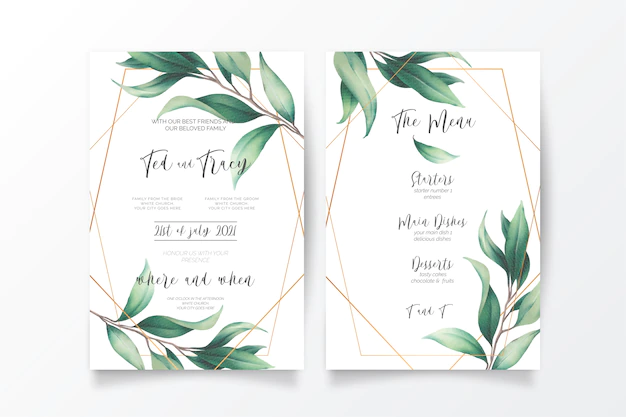 Free Vector | Wedding invitation and menu template with wild leaves