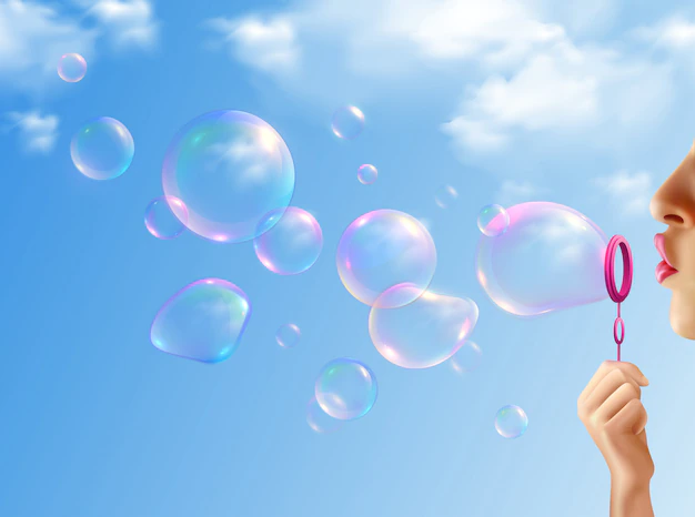 Free Vector | Woman inflating soap bubbles with blue sky realistic