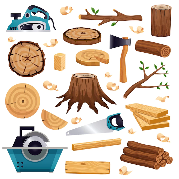 Free Vector | Wood industry material tools and production  flat set with tree trunk logs planks saw axe