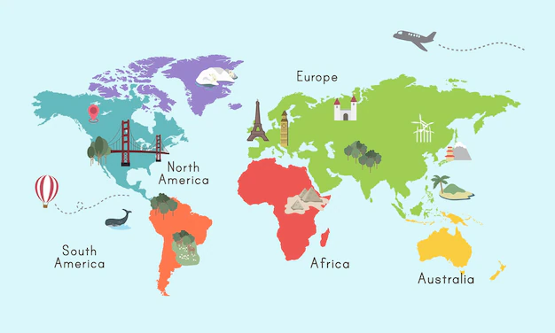 Free Vector | World continent map location graphic illustration