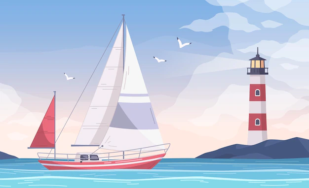 Free Vector | Yachting cartoon composition with view of water bay and sailing small yacht with lighthouse on shore illustration