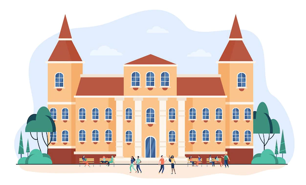Free Vector | Young people walking in front of college or university flat illustration