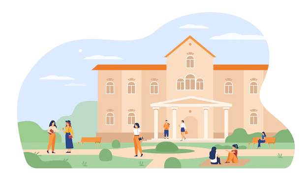 Free Vector | Young students walking in front of university or college building flat vector illustration. cartoon people relaxing and sitting on grass at campus.