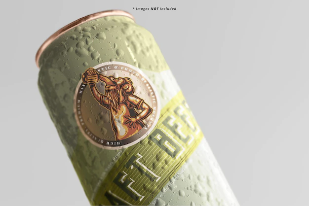 Free PSD | Large sleek beer can mockup with condensation effect