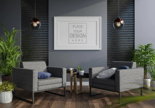 Free PSD | Poster frame in living room psd mockup