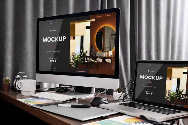 Free PSD | Office desk with computer mock-up