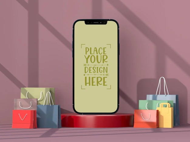 Free PSD | Online shopping with mobile and shopping elements mockup template
