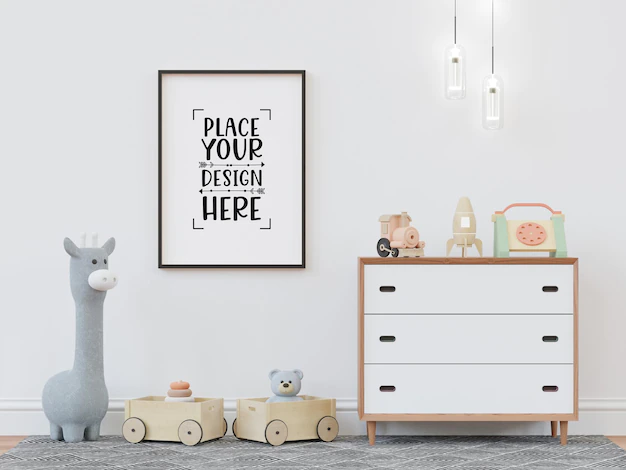 Free PSD | Poster frame in kids room psd mockup