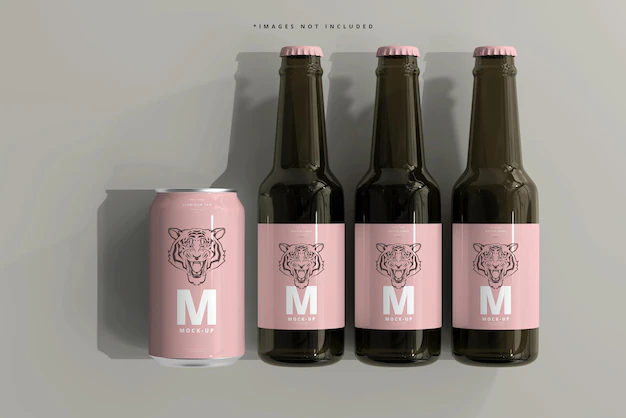 Free PSD | 330ml medium size soda or beer can and bottle mockup