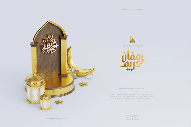 Free PSD | Islamic ramadan kareem greeting background with 3d gold mosque lantern podium and crescent ornaments