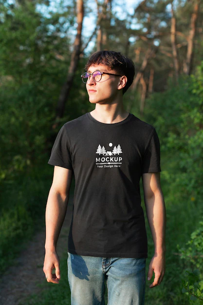 Free PSD | Young man wearing a mock-up t-shirt in the forest