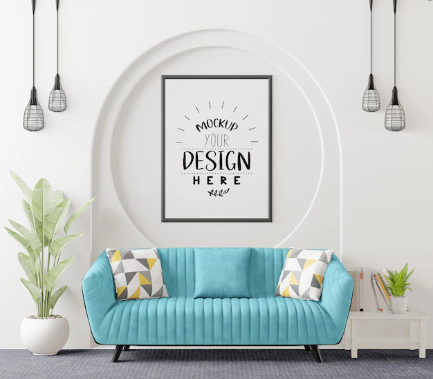 Free PSD | Poster frame in living room psd mockup