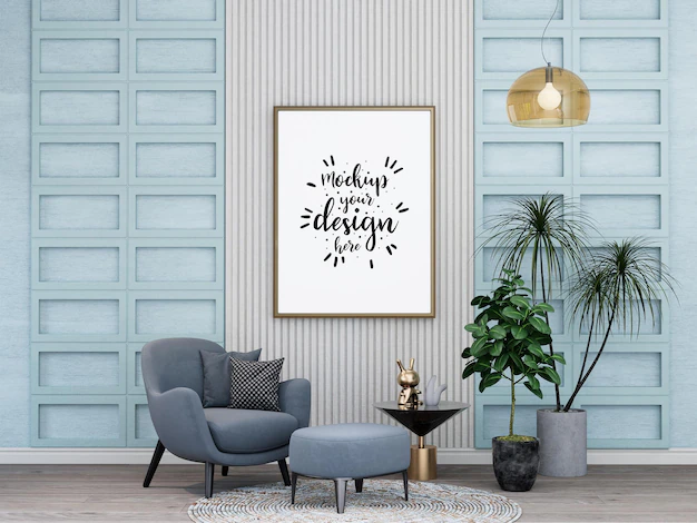 Free PSD | Poster frame in living room psd mockup