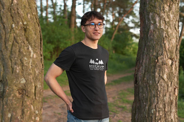 Free PSD | Young man wearing a mock-up t-shirt in the forest