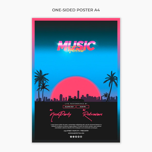 Free PSD | One sided a4 poster template for 80s music festival