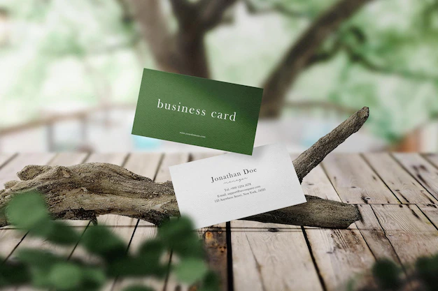 Free PSD | Clean minimal business card mockup floating on branch with leaves