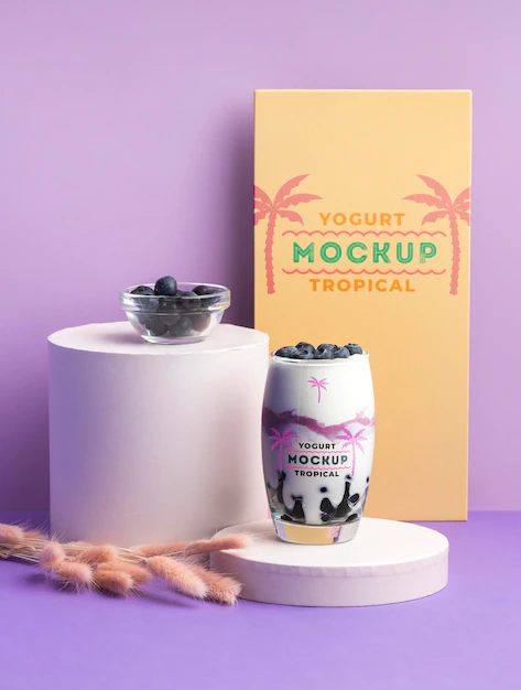 Free PSD | Glass of yogurt mock-up with blueberry fruits