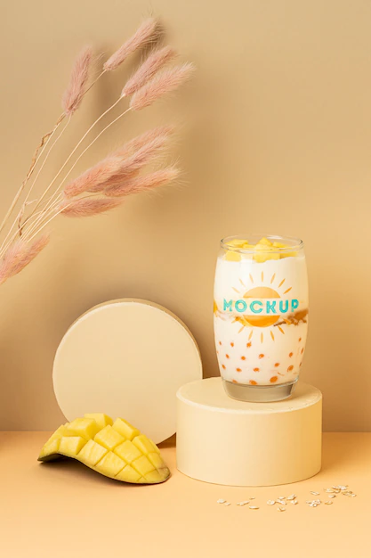 Free PSD | Glass of yogurt mock-up with mango fruit