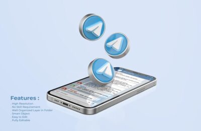 Free PSD | Telegram on silver mobile phone mockup