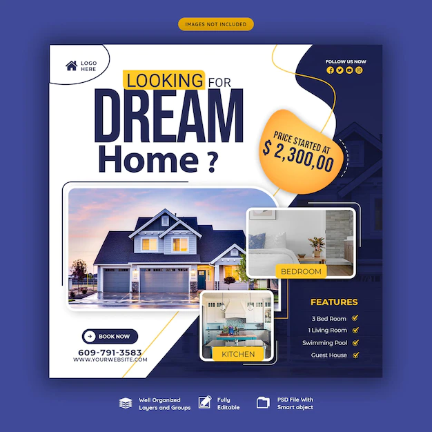 Free PSD | Real estate house property instagram post or social media banner template