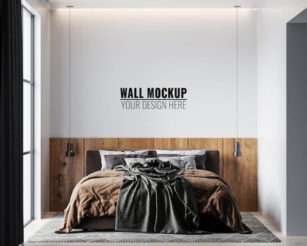Free PSD | Wall mockup in bedroom interior