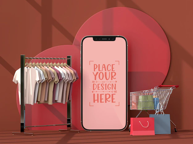 Free PSD | Online shopping with mobile and shopping elements mockup template