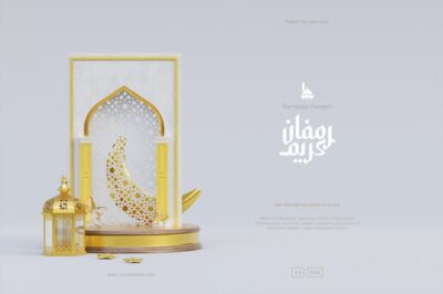 Free PSD | Islamic ramadan kareem greeting background with 3d gold mosque lantern podium and crescent ornaments