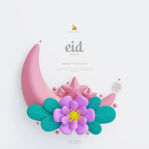 Free PSD | Cute eid al fitr greeting background decorated with 3d crescent moon and flowers