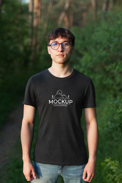 Free PSD | Young man wearing a mock-up t-shirt in the forest