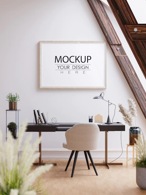 Free PSD | Wall art or canvas frame mockup over office desk