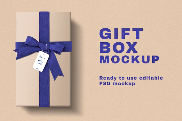 Free PSD | Birthday gift box mockup psd with blue ribbons