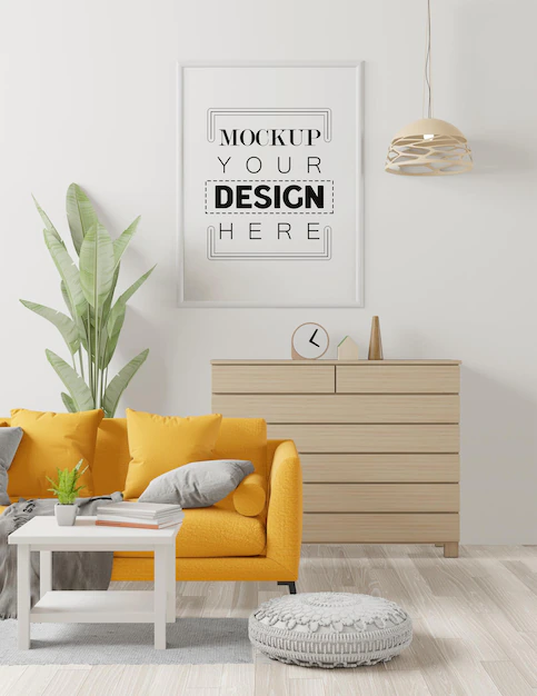 Free PSD | Poster frame in living room psd mockup