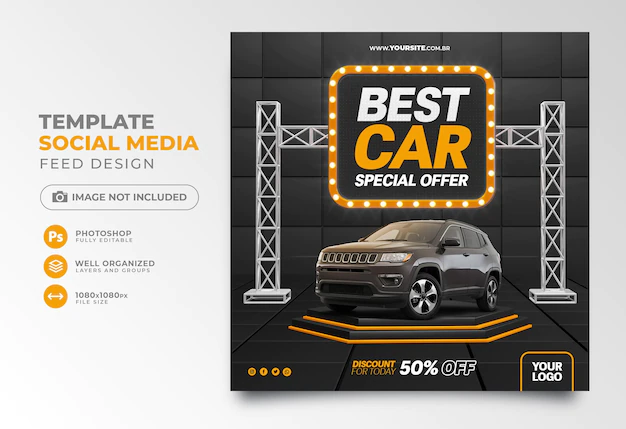 Free PSD | Best car special offer post social media discount for today 50 off in black and orange background