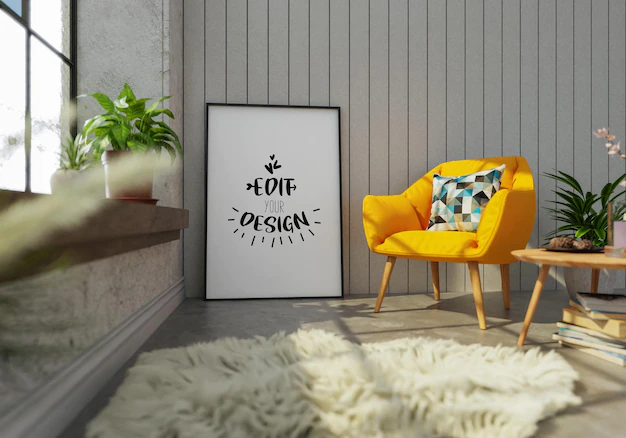 Free PSD | Poster frame in living room psd mockup