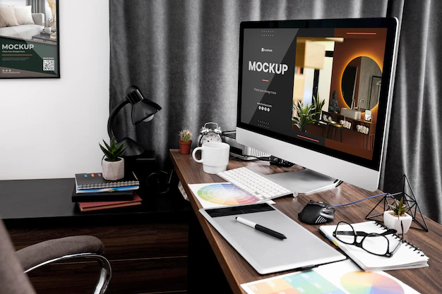 Free PSD | Office desk with computer mock-up