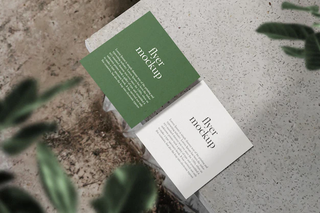 Free PSD | Clean minimal square flyer mockup on top marble with leaves psd file