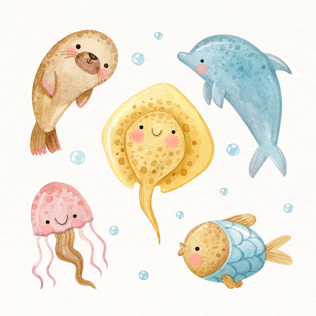 Free Vector | Watercolor sea animals collection