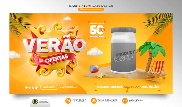 Free PSD | Banner summer of offers in brazil 3d render template for marketing campaign in portuguese