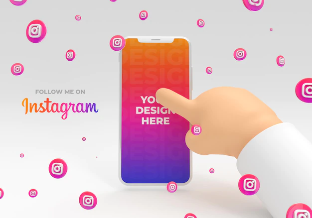 Free PSD | Smartphone mockup with cartoon hand with instagram social media 3d reder