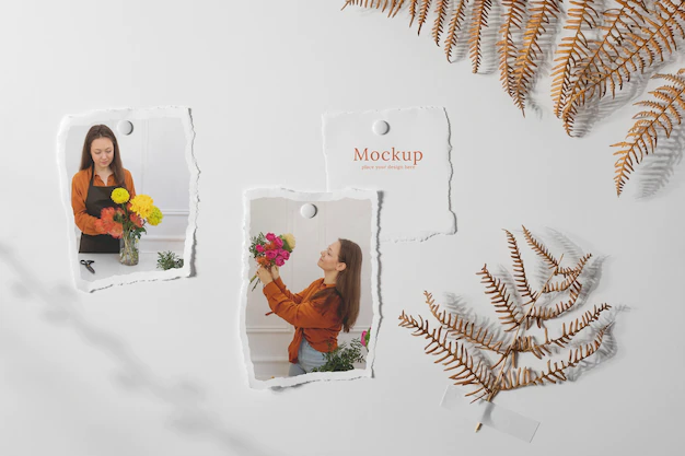 Free PSD | Torn photo frame mockup with flowers