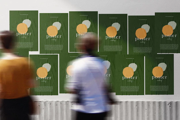 Free PSD | Clean minimal poster mockup on the wall with people walking blur foreground