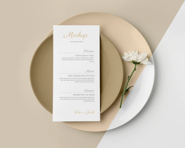 Free PSD | Top view of table arrangement with spring menu mock-up and plates
