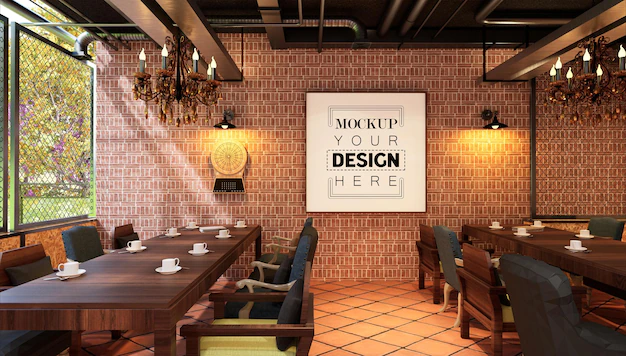 Free PSD | Poster frame in restaurant mockup