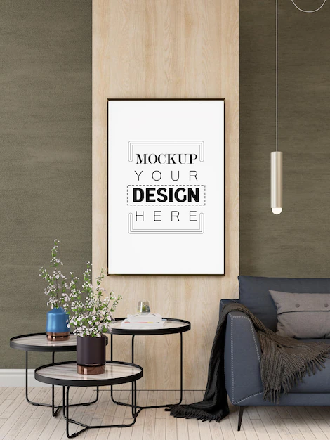 Free PSD | Poster frame in living room psd mockup