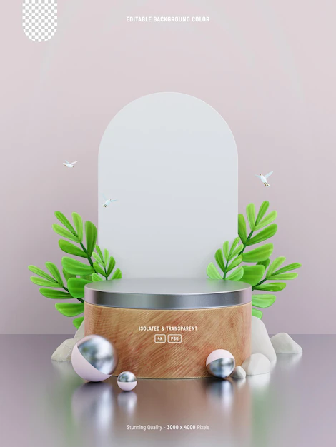 Free PSD | Podium mockup display for product presentation decorated with cute tropical leaves